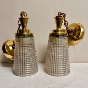 Mid Century Modernist Brass and Tapered Textured Glass Pendant Lights-A Pair